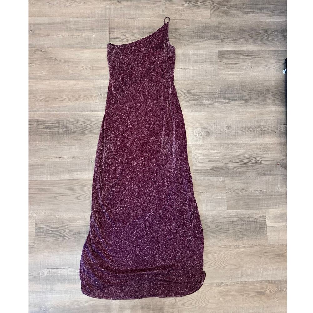 Vtg Arianna by Rachel Kaye Plum & Metallic One Shoulder Maxi Dress